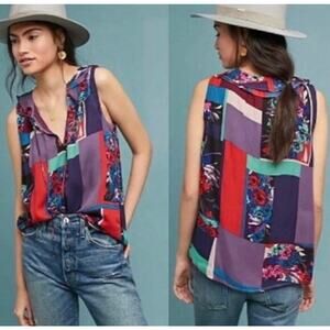 Maeve Anthropologie Anderson Patchwork Floral ruffle Tie Neck Top Blouse XSP